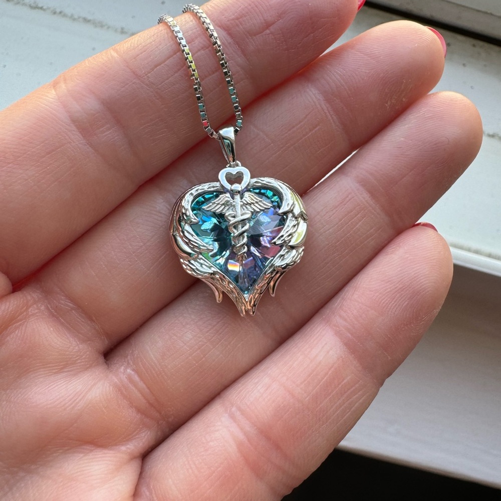 Sterling Silver Nurse Necklace Angel Wing Heart Charm